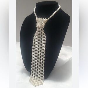 Vintage Faux pearl  beaded necktie  statement necklace